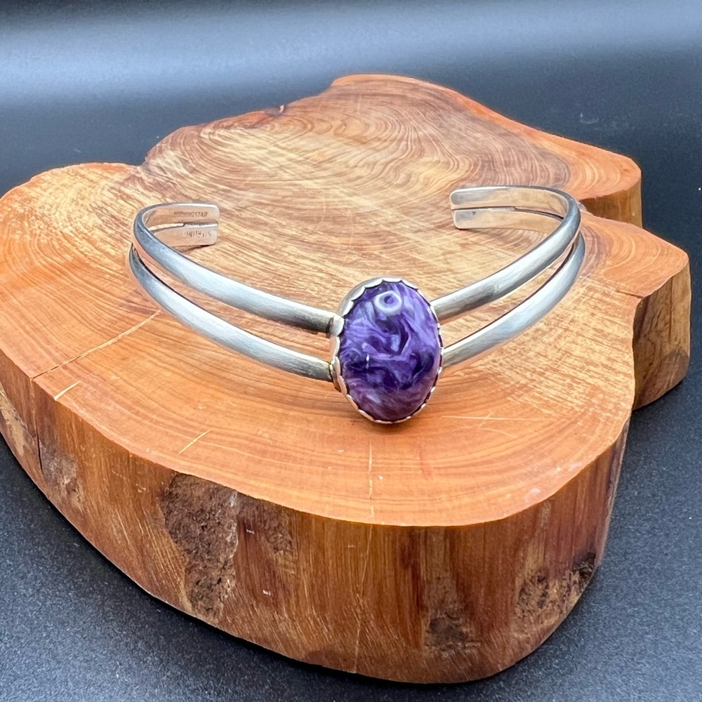 Native American Sterling Silver Charoite Cuff - Picture 2 of 10